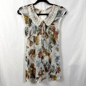 Easel Anthropologie Top Womens Sz M Floral Lace Stretch Pearl Collar Keyhole